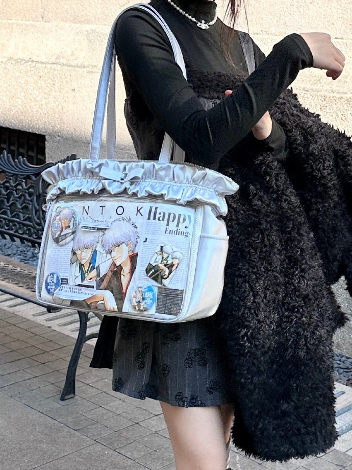 Silver Ruffle Trim Rhinestone Bowknot Large Volume Ita Tote Bag