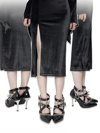 Spike Studs Coffin-shaped Buckles Polished Black Gothic Punk Stiletto Heels with Chains