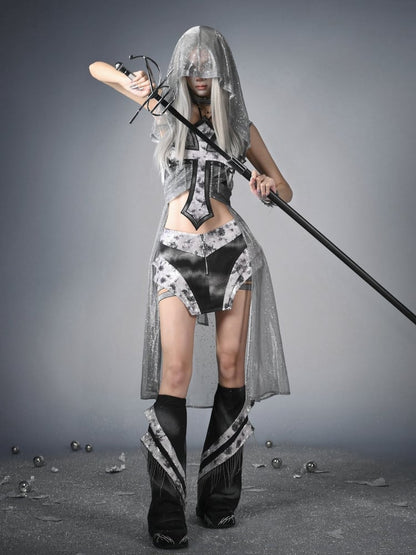 Black  Y3K Fashion Futuristic Metal Fringe Cyberpunk Leg Warmers