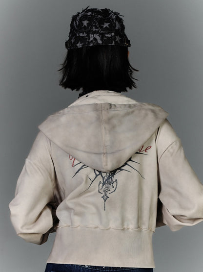 Wasteland Punk Apricot Buckle Strap Distressed Zip Closure Hoodie