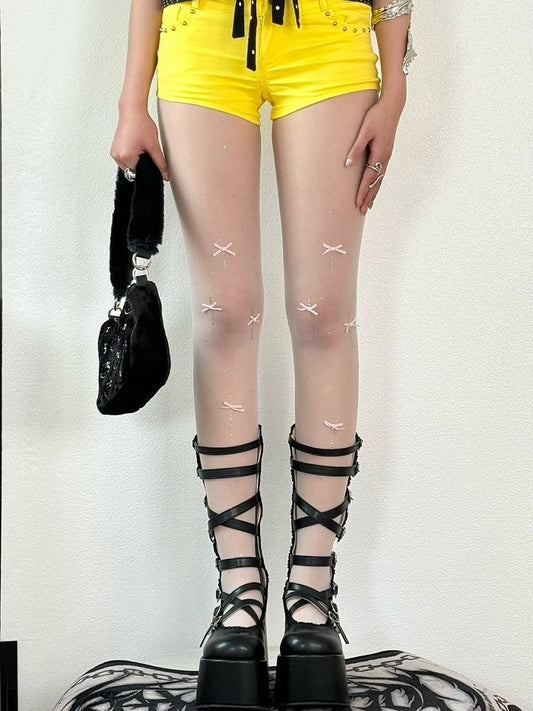 White/Purple/Pink Bowknot Details Rhinestone Decorated Tights