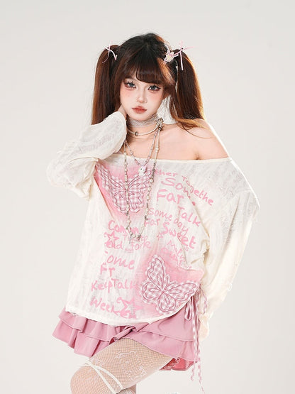 Pink Plaid Butterfly Appliques Black/White Off-the-shoulder Distressed Holes Coverup