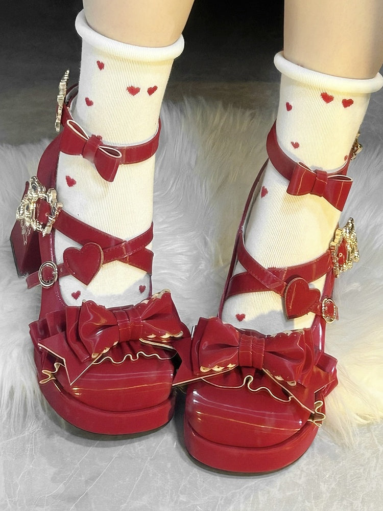 Red Bear Buckle Straps Bowknot High Block Heels with Bear Embroidery