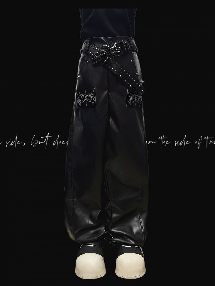 Black Punk Letter Applique Straight-leg Cut Pants