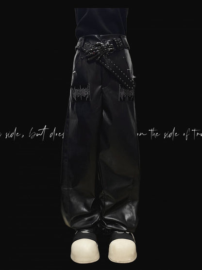 Black Punk Letter Applique Straight-leg Cut Pants