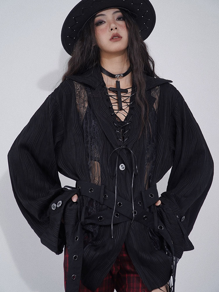 Lace-up Detail Black Punk Shirt with Waist Belt