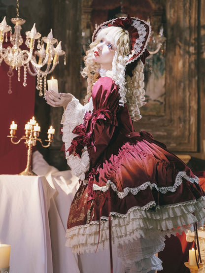 Candle and Candlestick Embroidery Red Bell Sleeves Velvet Dress Lolita OP / Set