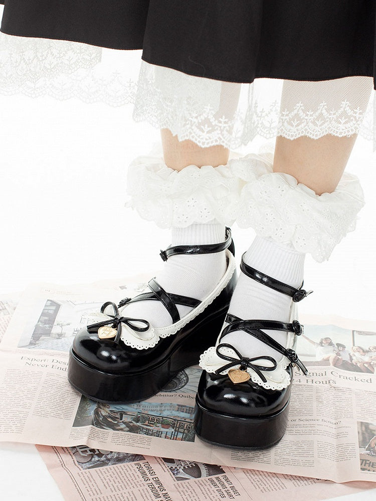 Buckle Ankle Strap Black Sweet Knotted Bow Accent Platforms