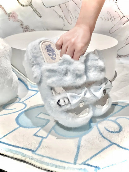 Light Blue Jirai Kei Plush Slippers: Embroidered Cat Design with Platform Sole & Top Bow
