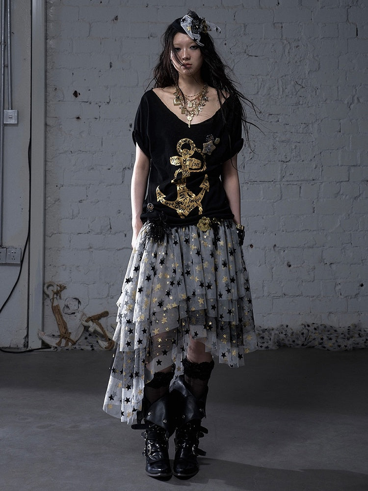 Black/White Distressed Design Navycore Graphic T-shirt