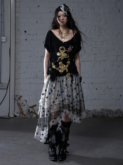 Black/White Distressed Design Navycore Graphic T-shirt