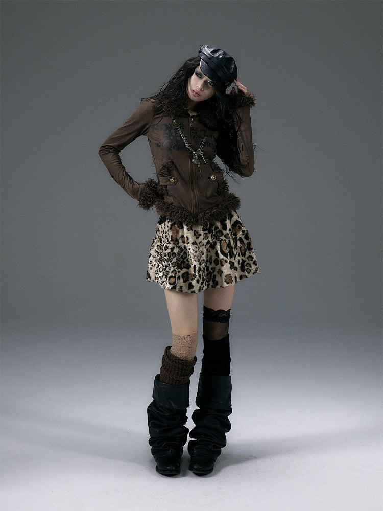 Leopard Plush Skirt with Rhinestone Detail