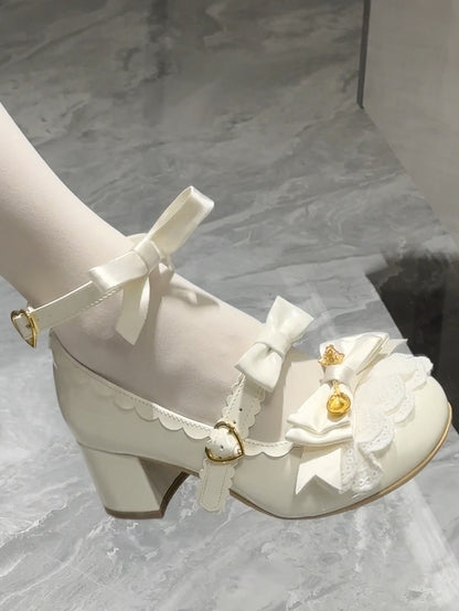 Clearance-Size 39 Sweet Lolita Beige Scoop Decorated Bowknot Details Round-Toe High Block Heels Mary Janes
