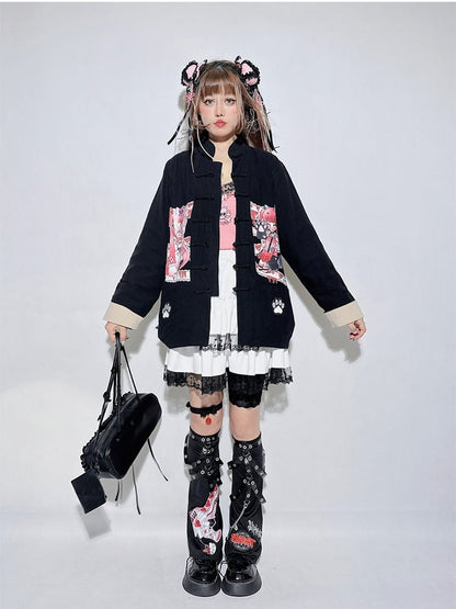 Black Cartoon Print Chain PU Strap Design Leg Warmers