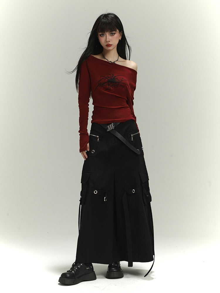 Black Zipper and Ring Detail Cargo Pockets Loose Skirt