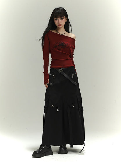 Black Zipper and Ring Detail Cargo Pockets Loose Skirt