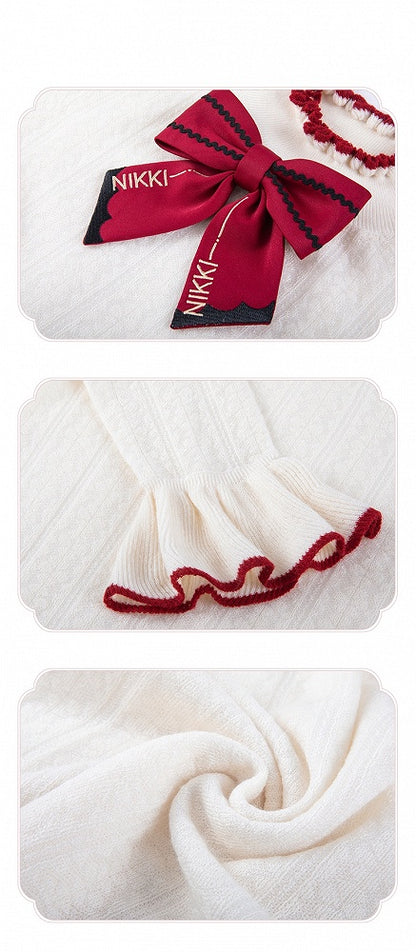 Aprioct Ruffle Neckline Long Sleeves Top with Red Bowknot