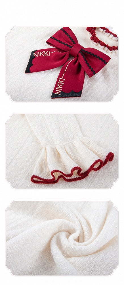 Aprioct Ruffle Neckline Long Sleeves Top with Red Bowknot