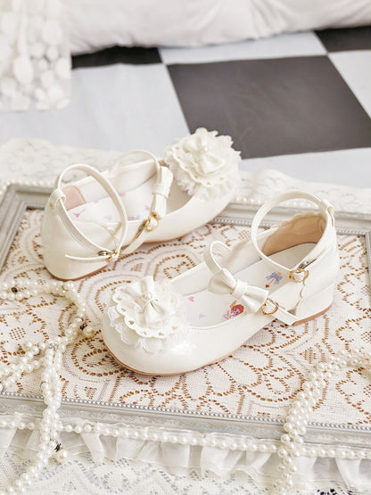 Milky White Bow at Top Lace Trim Heart Buckles Round Toe Lolita Shoes