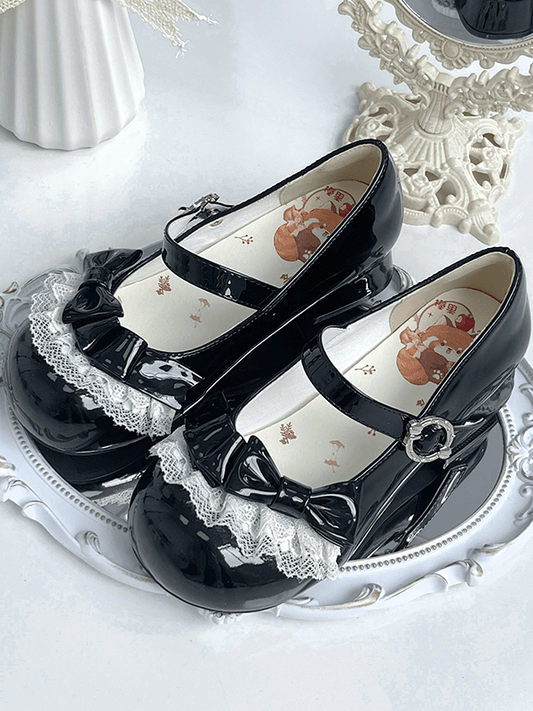 Sweet Black Lolita Low Heels - PU Leather with Round Toe, Delicate Lace & Bow Details