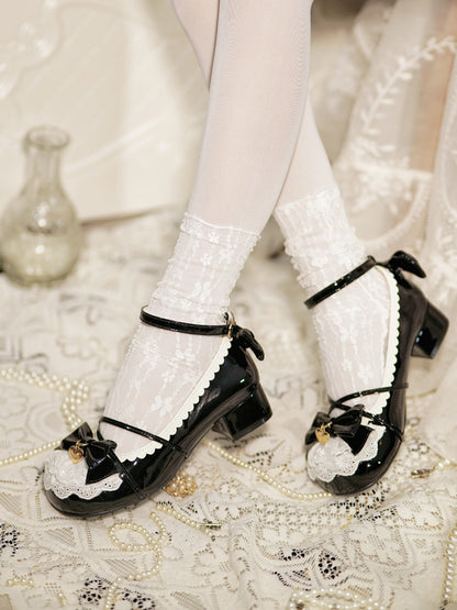 Black Heart Charm Bow at Top Lace Trim Crisscross Design Lolita Shoes