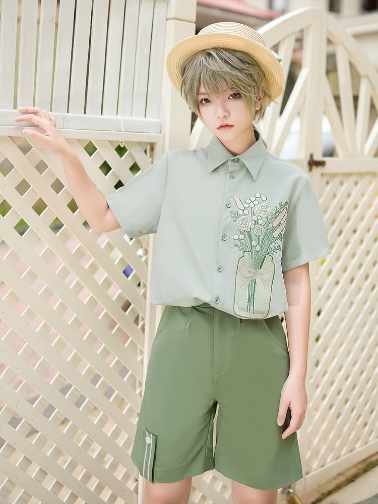 Season of Blossoms Bouquet Embroidery Ouji Lolita Green Shirt