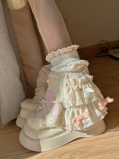 Creamy Yellow Plush Kitty Claw Crisscross Design Platform Ankle Boots