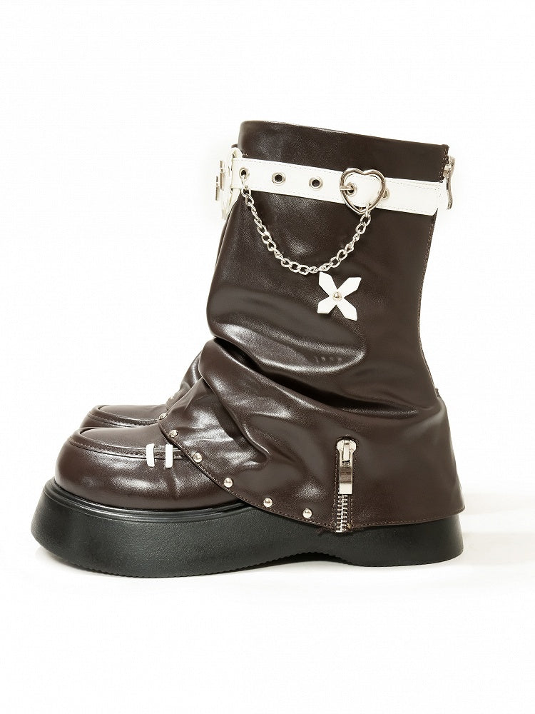 Dark Brown Punk Cross Decorated Heart Buckle Studs Details Platform Boots