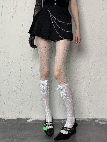 White Y2K Floral Pattern Bowknot Details Semi-sheer Underknee Stockings