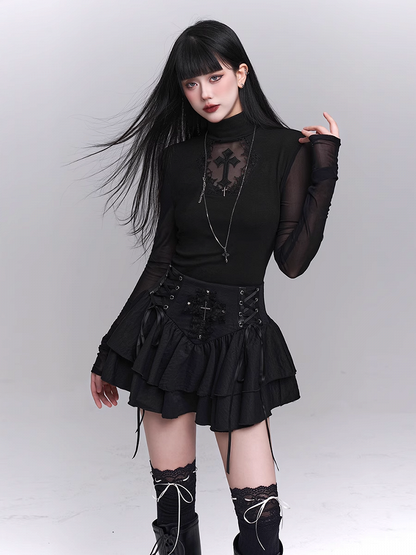 Black Mock Neck Coffin-shaped Cutout Cross Applique Mesh Sleeves Gothic Top