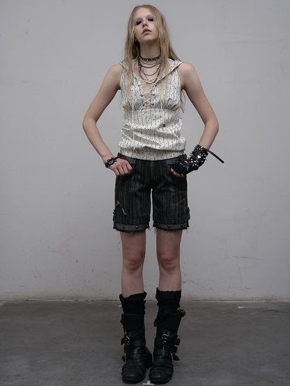 Black Wasteland Punk Studs Decorated Buckle Details Faded Wash Shorts