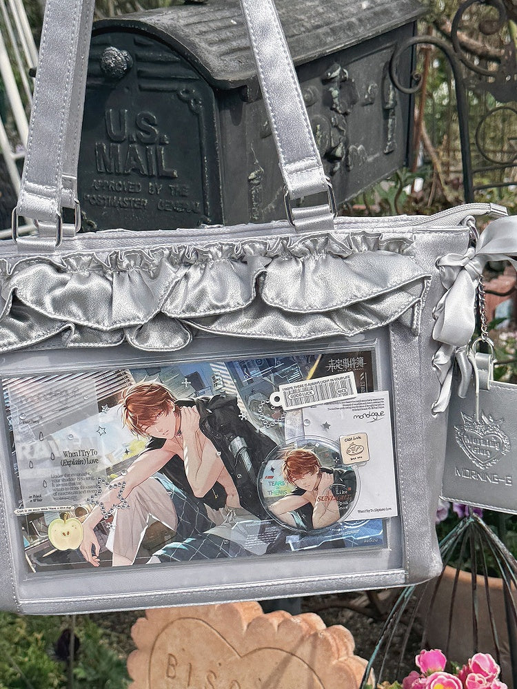 Silver Satin Ruffle Trims Self-tie Straps Ita Bag With Bow Card Holder