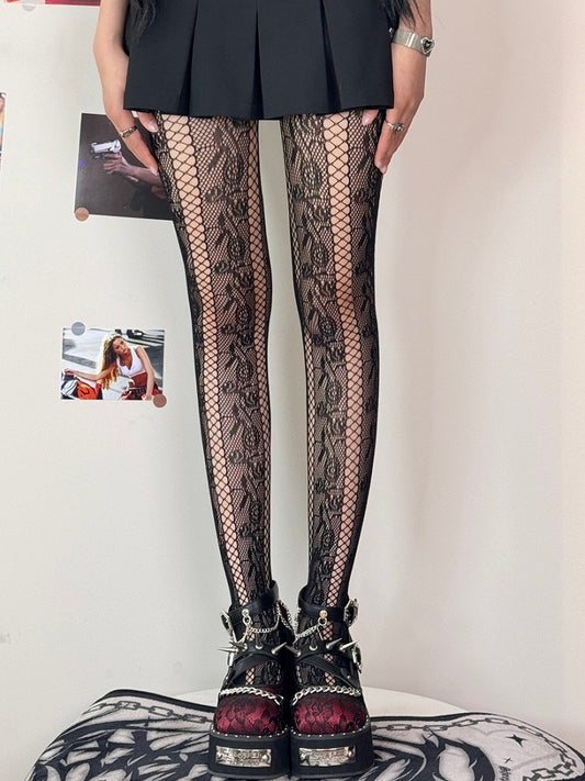 Black/White/Brown/Purple Y2K Cut-out Design Rosette Pattern Tights