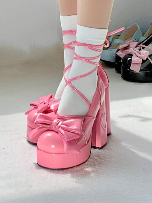 Bow Accents, Ornate Heart Buckle & Ankle Wrap Straps PU Deep Pink Platform High Block Heels in Sweet Lolita