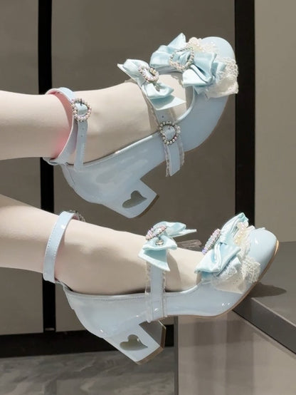 Blue Bow at Top Heart Cut-out Heels Mary Janes