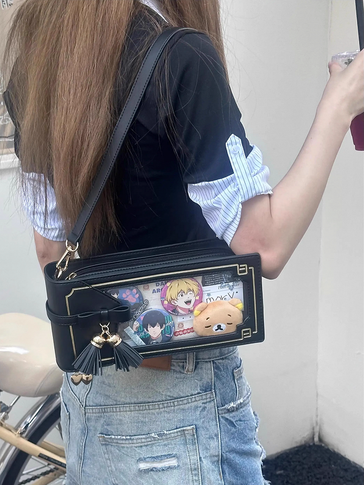 Black PU Floral Pattern Cheongsam Style Ita Bag With Bow & Fringe Accent