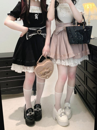 Jirai Kei Lace Trim Beaded Heart Decorated Big Bow Lace-up Back Black/Light Blue Skirt