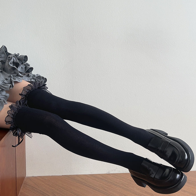 White/Black Bowknot Decorated Lace Trim Lolita Over-Knee Stockings