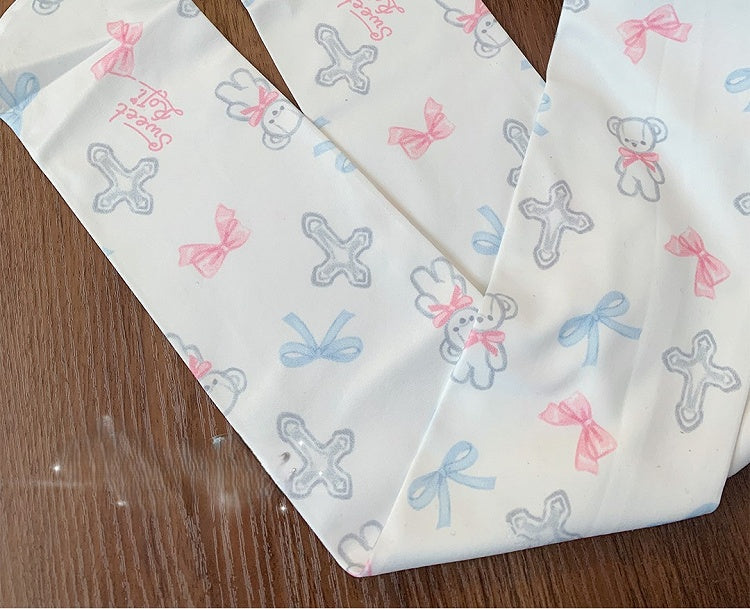 White Cross Bear and Bowknot Print Sweet Lolita Overknee Stockings
