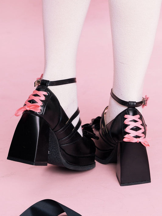 Lace-up Detail Bow at Top Black High Block Heel Platform Shoes