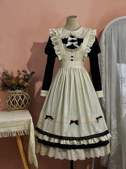 Black and Beige Juliette Sleeves Lolita Dress + Maid Apron Set