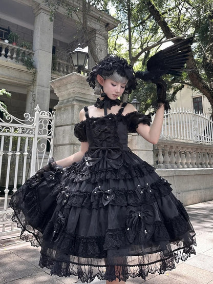 All Black Bow Accents and Bead Details Princess Lolita Dress with Big Bow at Back