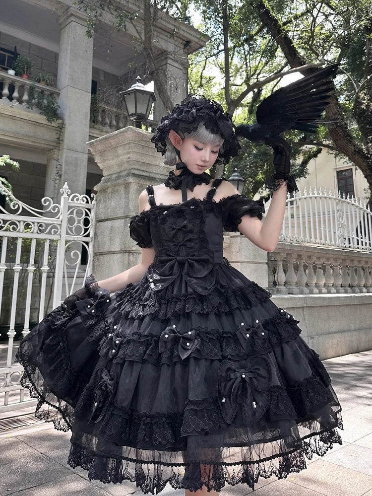 All Black Bow Accents and Bead Details Princess Lolita Dress with Big Bow at Back