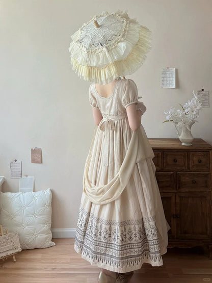 Foldover Design Neckline Blue Vintage Embroidery Empire Waist Elegant Lolita One Piece Long/Short Version