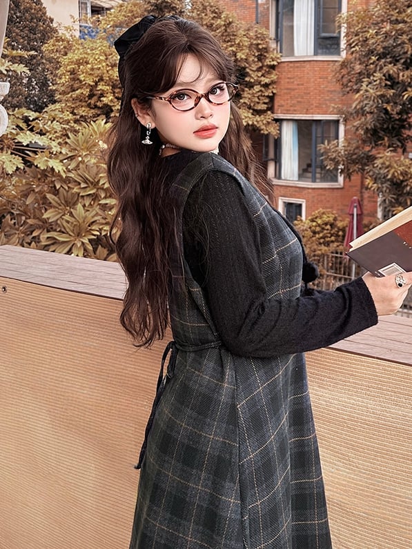 Plus Size Dusty Blue High Waist Plaid Pattern Woolen Overall Dress