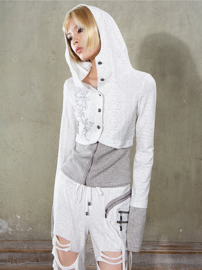 White Punk Y2K Rhinestone Hoodie Jacket with Gray Knit Hem
