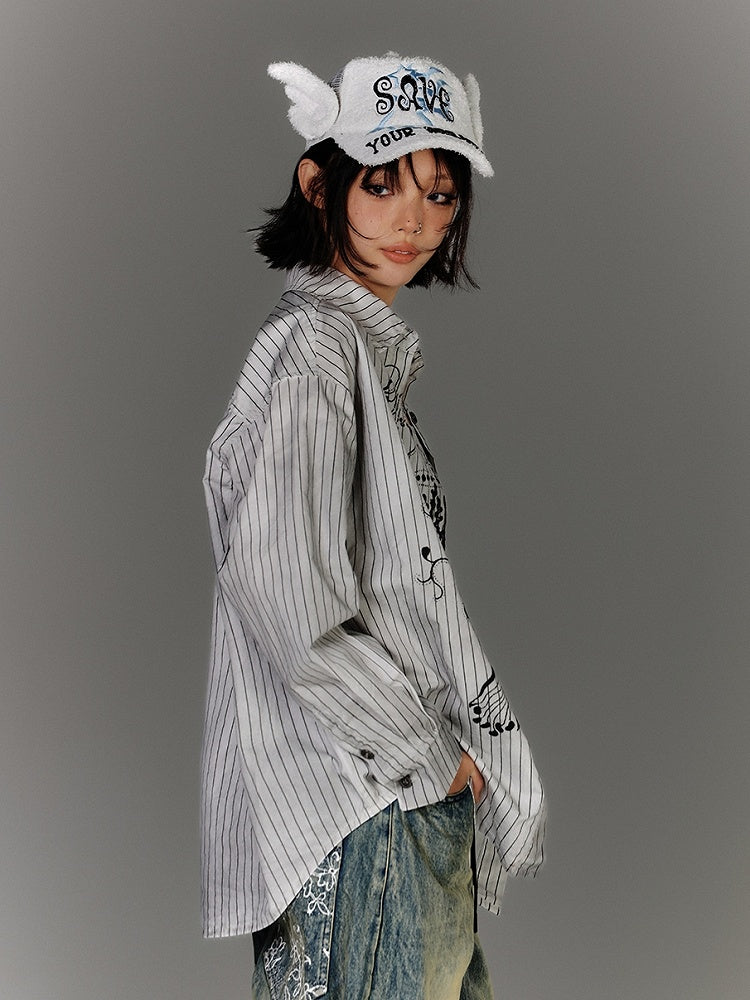 Oversized Silhouette Black & White Stripes Distressed Graffiti Shirt