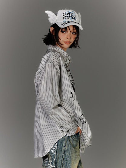 Oversized Silhouette Black & White Stripes Distressed Graffiti Shirt