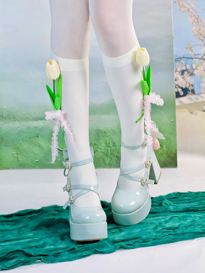 High Block Heel Sweet Green Mary Janes in PU - Removable Tulip Accent Bow with Bead-Embellished Clasp
