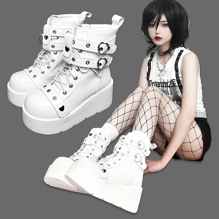 Punk Studs White Platform Ankle Boots
